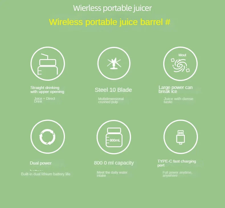 Electric Portable blender- USB Rechargeable Sports Bottle Juicing Cup Mixer for Shakes and Smoothies - 10 Blade 800ml - Multiple purpose - wireless / Portable / ice-breaking.