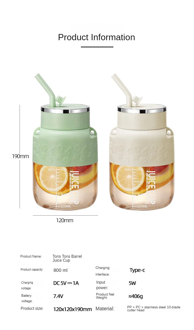 Electric Portable blender- USB Rechargeable Sports Bottle Juicing Cup Mixer for Shakes and Smoothies - 10 Blade 800ml - Multiple purpose - wireless / Portable / ice-breaking.