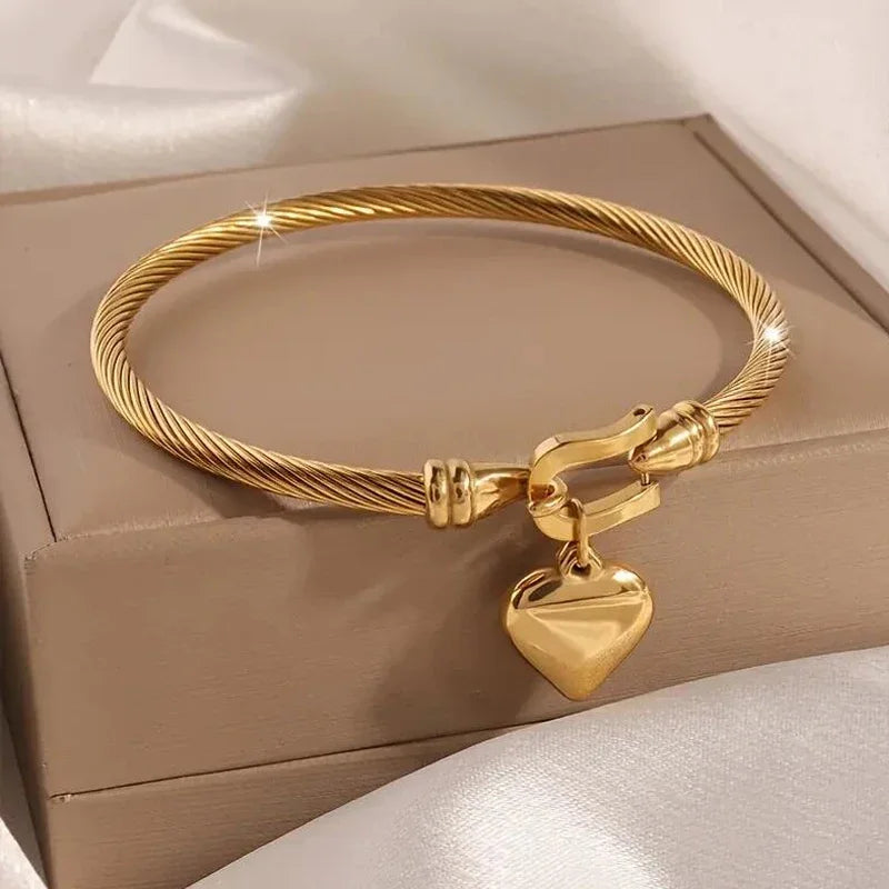 18k Gold Color Stainless Steel Heart Pendant Charm Bangle Bracelets for Men Women